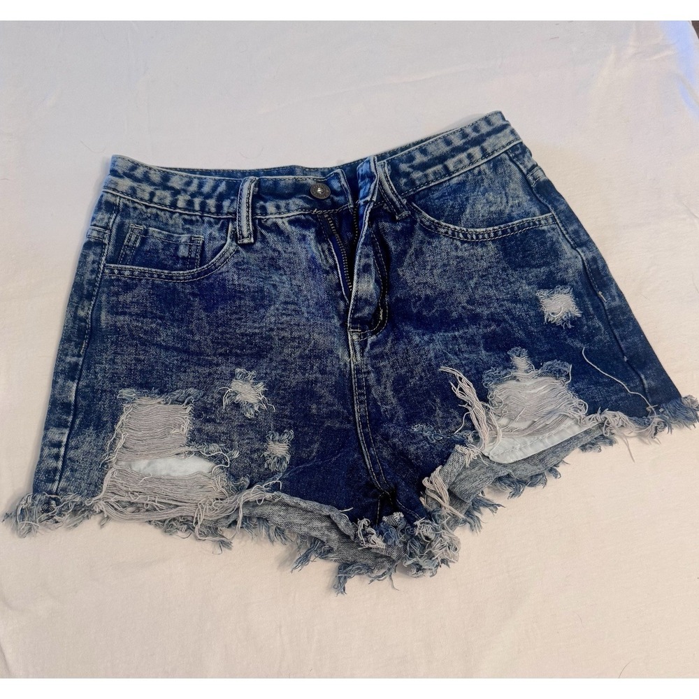 SHEIN Jeans Women's Blue Distressed Denim Cut Off Shorts, High Rise, Pockets XS